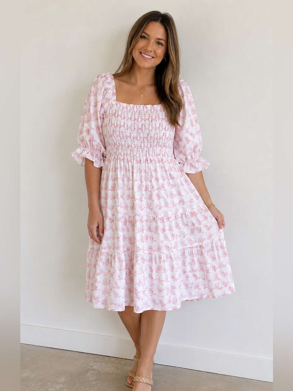 NWOT Smocked Square-Neck Midi Dress in Light Pink Floral with Cowboy Boots